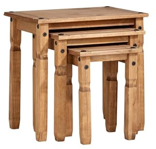 Home Source Solid Pine Wood Nest of Tables, Set of 3 for Living Room, Natural Finish