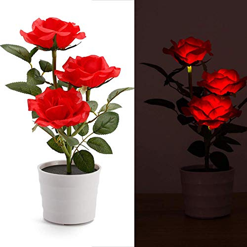 CVERY Solar Flower Pot LED Light - Rose Flower Table Lamp w/ 3 LED Floral - Garden Outdoor Lawn Plants Home Bedroom Decorative Bedside Desk Bonsai Lights(Red)