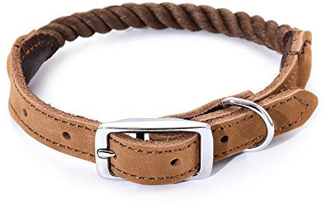 Mile High Life Collier pour Chien en Corde de Coton Qualité Supérieure avec Acier Inoxydable Boucle Ardillon Collier en Cuir Véritable(L, Marron foncé)