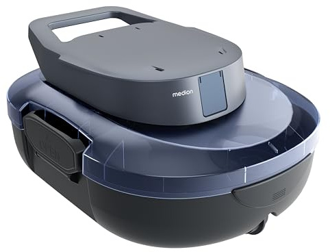 MEDION PR1 Poolroboter Akku, für Aufstellpool mit 120 Min Akkulaufzeit | Bodenreinigung für 80-100m² Pools mit flachen & faltenfreien Boden, Selbstparkfunktion, 2,2 L Filter, Ladegerät & Haken