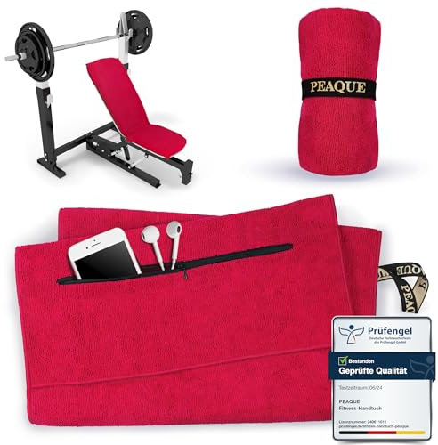 PEAQUE Fitness-Handtuch mit Reißverschlusstasche | Mikrofaser mit Frottee-Struktur | Sport-Handtuch für Fitnessstudio und Gym | weich, schnelltrocknend (Rot, 120 x 50 cm)