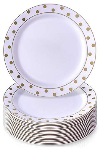Silver Spoons 1853-TT China Look DINNERWARE Platos de plástico reutilizables premium | 20 platos de cena | Dots-Gold | 10.2 pulgadas