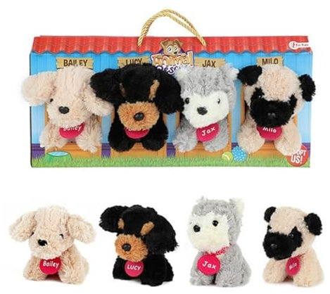 Toi-Toys Hunde Spielset Plüschtiere mit Transportbox - 4 Verschiedene Hunde Kuscheltiere - ab 2 Monaten - für Kinder geeignet