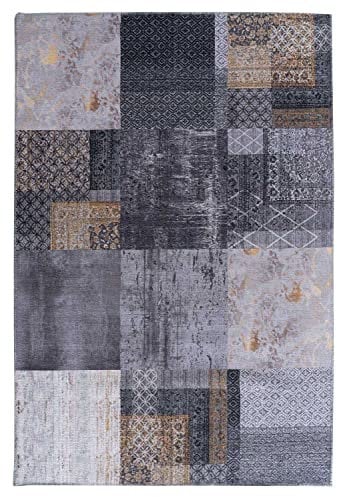 the carpet Elira Teppich Flachgewebe, Robust, Modernes Design, Vintage Optik, Used Look, Superflach, Baumwolle, waschbar, Patchwork Grey Gold 200X290 cm
