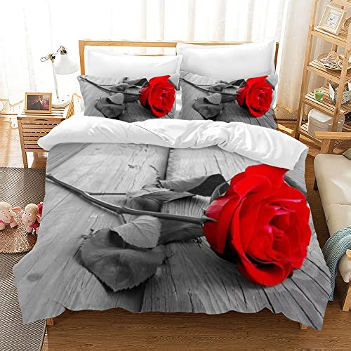 Hoimlm Rot Rose Bettwäsche,Erwachsene Kinder Bettbezug,3D Microfaser Bettwäsche mit kopfkissenbezüge,Rose Bettbezug für Schlafzimmer, weiche bequemer (Boden Rose, 200x200cm)