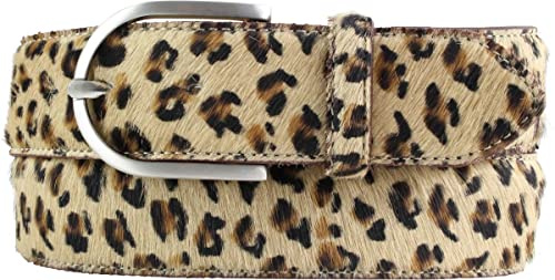 BELTINGER Damen-Gürtel mit echtem Fell 4 cm | Fell-Gürtel für Damen 40mm | Kuh-Ledergürtel mit runder Dornschließe | Mini-Leo 115cm