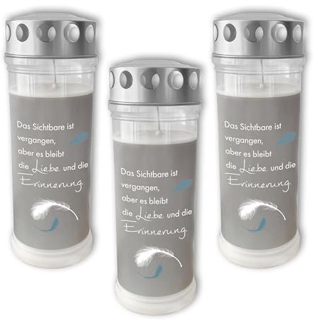 Dolorino Grablicht mit Spruch | 3er Set | 7-Tage Brenner | deutsche Qualität | Friedhofskerze mit Trauerspruch (Das Sichtbare ist vergangen)