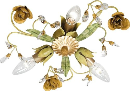 Casa Padrino Luxus Jugendstil Deckenleuchte Rosen Grün/Gold Ø 35 x H. 9 cm - Elegante Metall Deckenlampe mit Swarovski Kristallglas