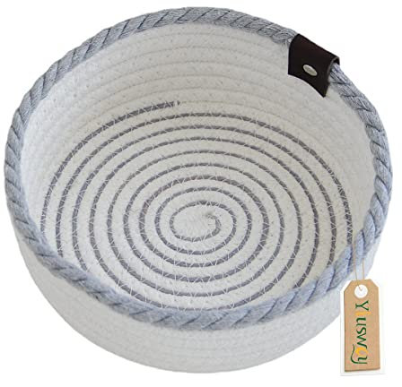 Yiuswoy Geflochtene Aufbewahrungskorb Klein Baumwollseilkörbe Flacher Korb Runde Dekorative Körbe für Bad Kinderzimmer Schlafzimmer Wohnzimmer Schrank Organizer, Weiß&Grau, D23 x H9 cm, L