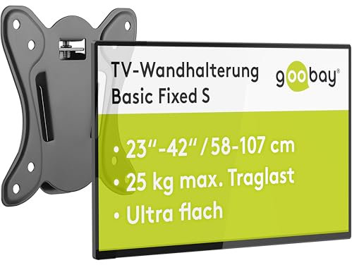 goobay Flache Universal TV Wandhalterung, Halterung für Monitor, max. 25kg, 15mm Wandabstand, 23-42 Zoll Monitore, bis VESA 100x100mm geeignet, für Wohnmobile, Wandhalter für Fernseher - 58523