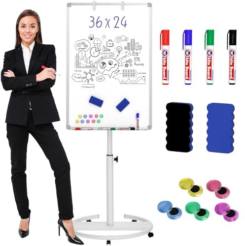 Nicpro Tableau blanc mobile magnétique effaçable à sec, réglable en hauteur, avec 5 roues, crochets pour tableau de conférence - 91,4 x 61 cm