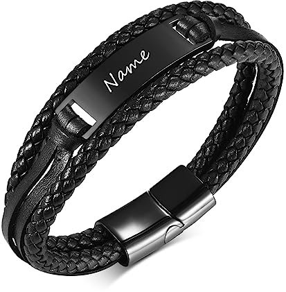 XUANPAI Personalisierte Herren Leder Armband für Männer, Hochwertiges Geflochtenes Lederarmband Edelstahl Armband mit Gravur, Persönliche Namensgravur, Geschenk Fuer Herren (BL-669B)