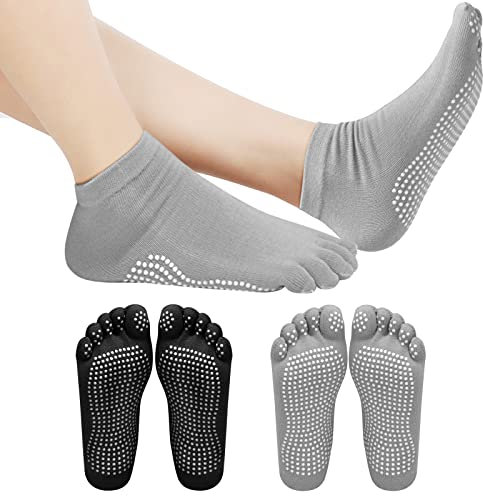 volumoon 2 Paar Yoga Socken Rutschfeste für Damen Herren, Schwarz Grau Rutschsocken Stopppersocken mit Zehen, Baumwolle Antirutsch Sportsocken, Anti-Rutsch-Socken für Pilates Gymnastik Barre EU 37-42