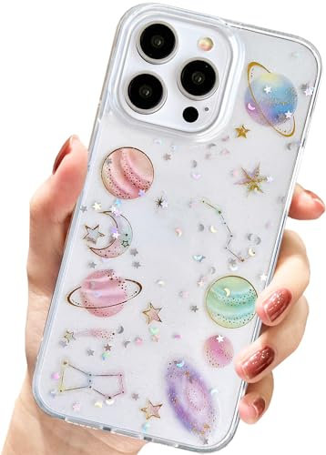 AMART for iPhone 15 Pro Max Case Cute, Clear with Planet Star Universe Rainbow Glitter Design Transparent Women Girls Aesthetic Slim Soft Silicone Phone Cover for iPhone 15 Pro Max (6.7 inch)(Planet)