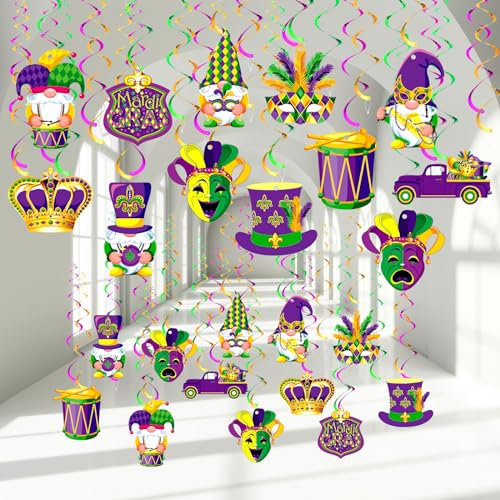 Lincia 72 Stück Mardi Gras Dekorationen hängende Wirbel, Mardi Gras Dekorationen für Party, Mardi Gras Party Supplies Mardi Gras Crown Maske Folie hängende Wirbel für Karneval Ornamente New Orleans