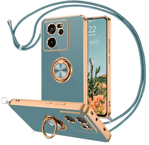 DOMAVER Xiaomi 13T/13T Pro 5G Hülle mit Band, Handyhülle Xiaomi 13T/13T Pro Case mit Ring Ständer, mit Handykette, Galvanisierte TPU Silikon Magnetische Autohalterung Schutzhülle, Graublau