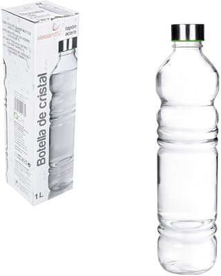 TWO TIGERS Botella de Cristal para Agua de 1 Litro. Botella con Tapón de Acero. Botella Reutilizable, Grande, Transparente y Resistente. Apta para Nevera y Lavavajillas. (8 x 31 cm)