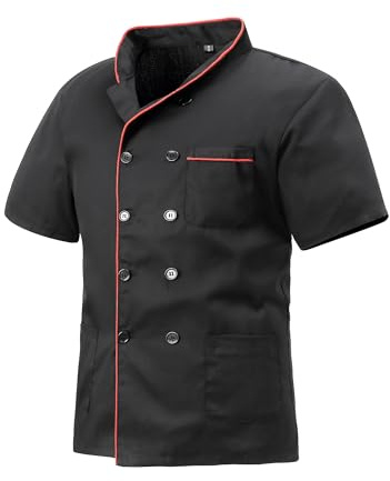 MeiLayM Kochjacke für Herren & Damen Slim Kochjacke mit Druckknöpfen Herren Modern Style Kurzarm Bäckerjacke Professional Chef Uniform Kurzarm Schwarz Rot,XXL