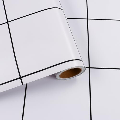 VaryFloral Papier peint quadrillé carré noir et blanc imperméable à carreaux pour cuisine et salle de bain, papier contact amovible à ligne simple pour comptoirs, étagères, 30 x 299,7 cm