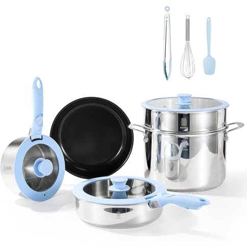 ROYDX Batterie de casseroles en acier inoxydable 18/10 et poêle en céramique anti-adhésive avec poignée amovible et couvercle, marmite à soupe, casserole à manche et insert vapeur, set de casseroles à