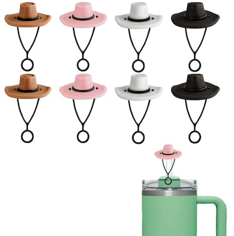 Cowboy Hat Straws Covers,Cowgirl Hat Straw Cover Cap,Cowboy Cowgirl Silicone Straw Toppers,Dustproof Straw Protector, Reusable 8 Piece Cowboy Hat Straw Accessory,Suitable for Stanley 40/30 Oz Tumbler