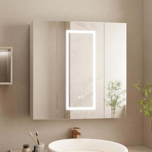 Mepplzian 80x80 cm Spiegelschrank Bad mit Beleuchtung 3 Türen, Dimmbar | Spiegelschrank mit Beleuchtung, Badschrank hängend für Bad mit Anti-Beschlag, Badezimmerschrank mit Spiegel, Weiß