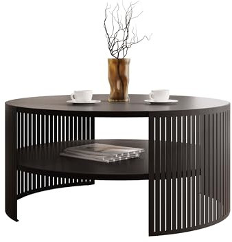 Mirjan24 Couchtisch mit Ablage Fahugin, Runde Form, Beine aus Metall, Kaffeetisch, Wohnzimmertische, Beistelltisch, Sofatisch, Teetisch (Schwarz Molet, Schwarz)