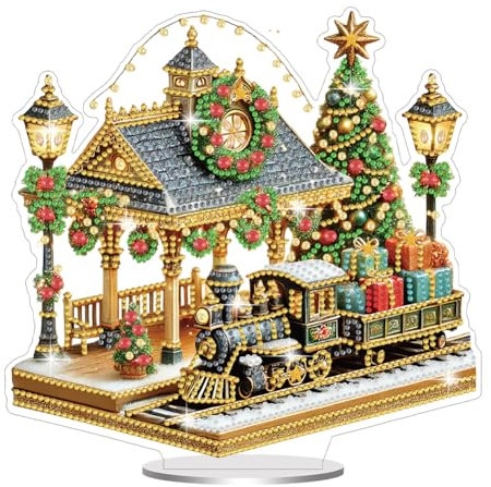 Starnearby DIY Diamond Painting Weihnachten Tisch Deko, 5D Diamant Painting Weihnachten Neu, Diamond Painting Winter Stehend Kunst Set für Anfänger Hausgeschenk Deko (BAHNHOF)