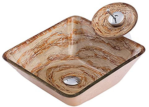 CLRAWSHB Lavabo Vasque de Salle de Bain Lavabo Vasque en Verre trempé Lavabo Vasque trapézoïdal avec Robinet et évacuation au-Dessus du lavabo, Motif écorce