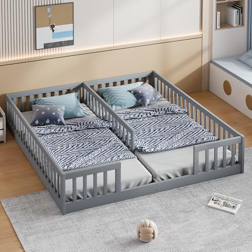 Kinderbett Bodenbett Doppelbett 90x200 cm mit Sicherheitsgitter&Lattenrost, Montessori Bett Bed Gitterbett Holzbett Bettgestell Jugendbett Spielbett für 2 Kindern, Kiefernholz, Ohne Matratze, Grau