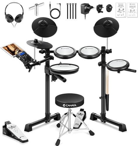 CAHAYA Set di Batteria Elettronica con Sgabello: Batteria Elettronica Portatile con Pelli Mesh Silenziose, 350 Suoni Integrati, Compatibilità USB/MIDI e Cuffie, Perfetta per Bambini e Principianti