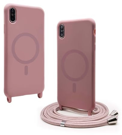 BGHHEU Handykette Hülle kompatibel mit iPhone XS Max mit Band,Handyhülle Kompatibel mit MagSafe,Abnehmbar Kordel zum Umhängen Silikon Case Magnetische Handyhülle,Roségold