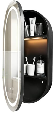 Janboe Oval Medicine Cabinet with Light,LED Mirror Cabinet,USB Shaver Socket,Internal Light,Steel with Powder Coating,Soft Closing Hinge,41×71cm