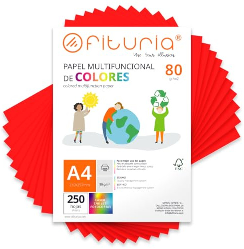OFITURIA Buntes Papier, 250 Blatt A4 80g – Farbiges Papier für Basteln, Drucker, Scrapbooking – Farbbögen (Rot, 250 Blatt)