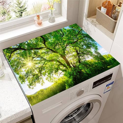 Highdi Tapis pour Dessus de Machine à Laver, Tapis de Protection Antidérapant pour Dessus de Machine à Laver Diatomée Découpable pour Chargement Frontal Sèche-Linge (50 * 50cm,Arbre vert 9)