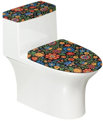 Lunette de Toilette Fleurs Rouges Feuilles Ensemble de Housses pour WC avec Fond élastique et Housse Anti Poussière Couvercle de Réservoir de Toilette Deco Salle de Bain (4 pièces)