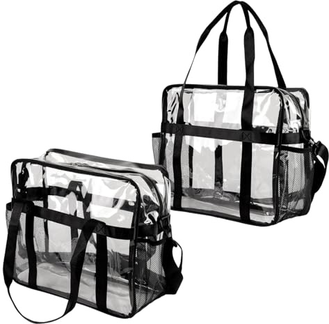 CHEUKYIU 2 Stück Durchsichtige Handtasche, 36 x 31 x 16cm Schwarz Habersack Tasche, Uniwise Tasche mit Tragegriffen für Bibliothek, Stadion, Strand