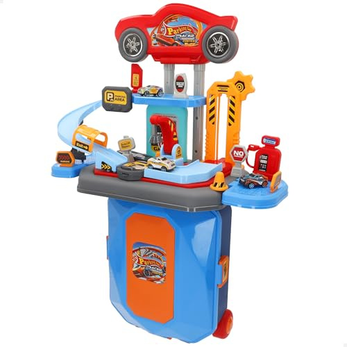 ColorBaby Speed & Go Garage 2 in 1, Autokoffer für Kinder, inkl. 3 Fahrzeuge und Zubehör, mehrstöckiges Parkplatz, mit Aufzug, Rampe und Zapfpistole, Tragbares Set (39539)