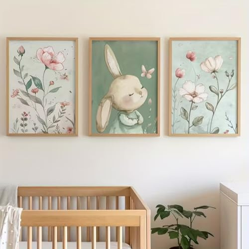 Ueiwffzo 3er Set Poster Bilder Kinderzimmer Hase und Blume Wandbilder Deko, Leinwand Bilder Wandposter Babyzimmer Deko Geschenk, Ohne Rahmen (21x30cm)
