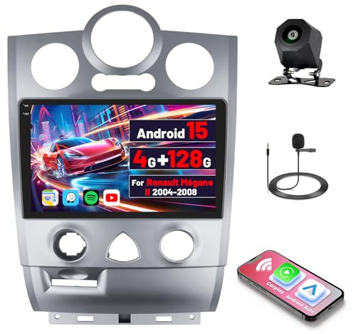 [4G+128G] Inefala Android 15 Radio Coche para Renault Mégane II 2004-2008 con Wireless Carplay Android Auto, 9 Pantalla Autoradio con GPS WiFi RDS/FM Bluetooth EQ SWC Cámara Trasera Mic