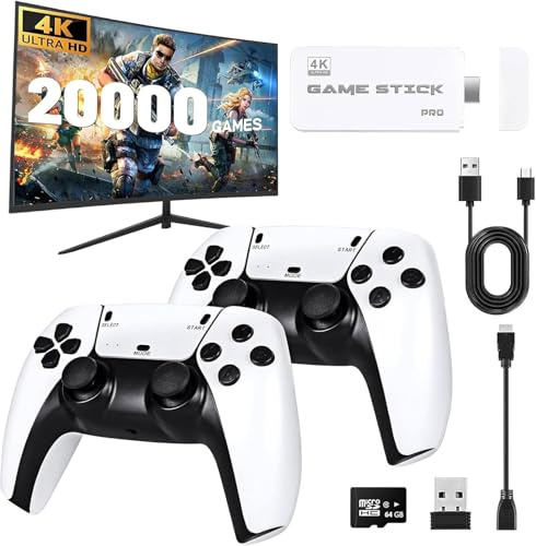 Console Rétrogaming TV Stick HDMI 4K – 20 000+ Jeux Sélectionnés, 23 Émulateurs Classiques – 2 Manettes sans Fil (Blanc)