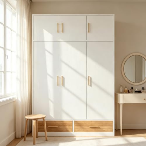 luckdect Armoire de Chambre,Garde-Robe Penderie Meuble Rangement avec 6 Portes et 2 Tiroirs,5 Étagères,Tringle à VêTements,Placard Vestiaire Entrée