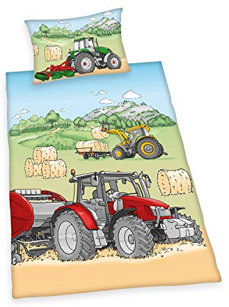 Herding Young Collection Bettwäsche-Set, Traktor Wendemotiv, Bettbezug 160 x 210 cm, Kopfkissenbezug 65 x 100 cm, Baumwolle/Renforcé