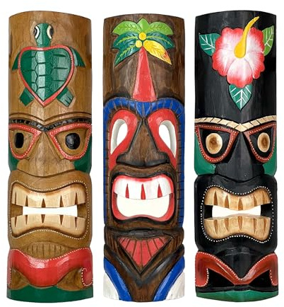 Zeckos Set of 3 Hand-Carved Polynesian Tiki Masks, 20 Inches High, Crafted from Indonesian Albesia Wood, Ideal Tropical Wall Decor with Exquisite Colorful Finish