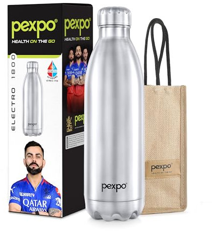 PEXPO Electro 24 Hrs Hot & Cold Vacuum Flask with Jute Bag | Stainless Steel Water Bottle 60 oz | 1800 ml Silver | Insulated | Office Bottle | Workout | Travelling | Home