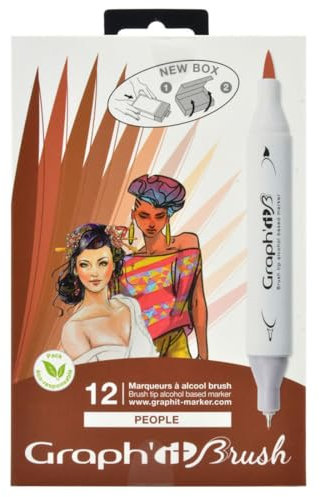 GRAPH’IT Brush Marker Set de 12 marqueurs à alcool double pointe pour dessin de manga et illustration, pointe extra-fine et pinceau - Set People