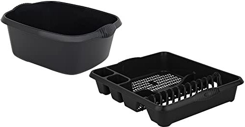 M1SS Set of 39cm Rectangular Washing up Bowl with Large Dish Drainer Plate Rack Draining Board Tray Stand Sink Holder Kitchen Organiser (Midnight Black)
