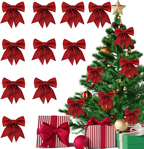 XiXiRan Arco de Navidad, 10 Piezas Lazo de Navidad Rojo Lazo Purpurina, Decoracion Arbol Navidad Lazos Navideños para Colgar en el árbol de Navidad, como Decoración de Cajas de Regalo (14x12cm)