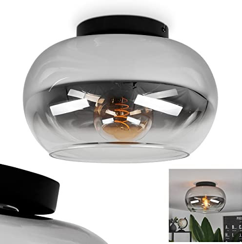 Plafonnier Molloy, lampe de plafond moderne en métal/verre en noir/fumée/clair, lampe à 1 flamme au design rétro/vintage avec abat-jour en verre (Ø 31 cm), 1 x E27, sans ampoules