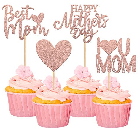 Xsstarmi 24 Pack Happy Mother's Day Cupcake Toppers Glitter Heart Best Mom I Love You Mom Cupcake Picks Decorations for Happy Mother's Day Birthday Party Supplies Rose Gold